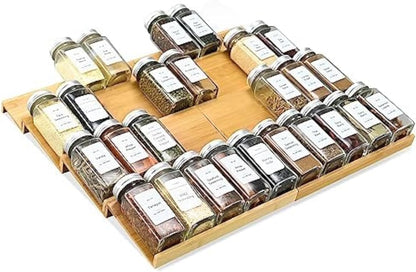 Spice Drawer Organzier,4 Tiers Bamboo Spice Rack Tray Insert for Cabinet Drawer Countertop, Kitchen Seasoning Storage Drawer Organization,14.57" Wide x 15.8" Deep （Hold UP To 32 Jars