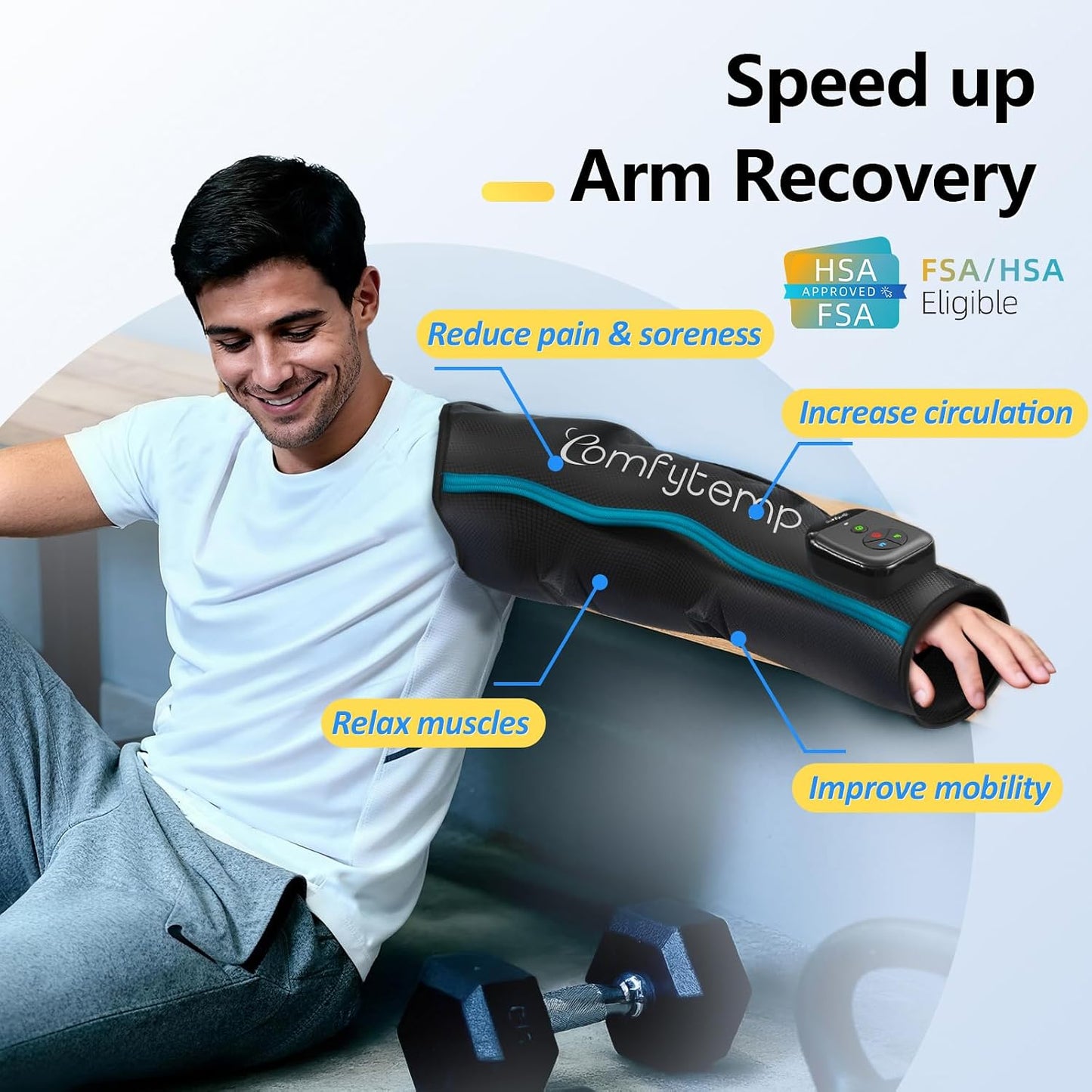 Comfytemp Air Compression Arm Massager for Circulation and Pain Relief, M | FSA Eligible HSA, Portable Full-Arm Compression Sleeve for Tennis Elbow, Edema, Ideal for Men Women (Fits Upper Arm 11"~15")