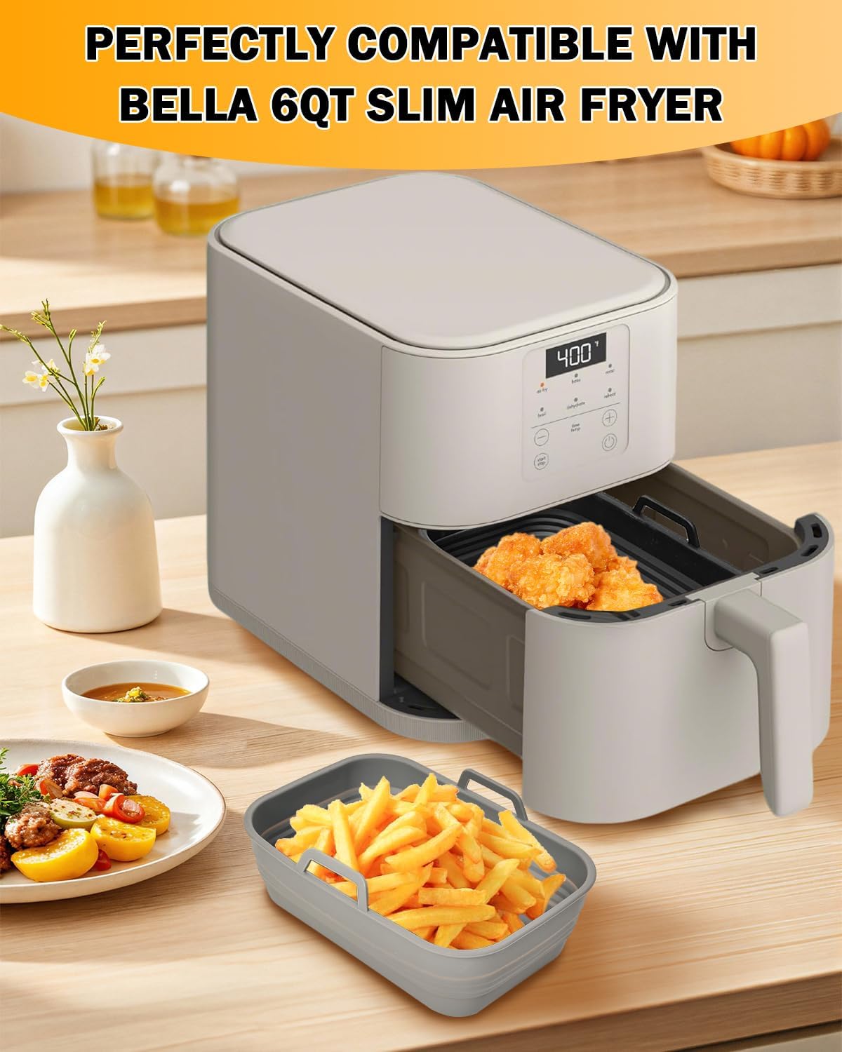 Air Fryer Silicone Liners Collapsible 2-Pack for bella Slim 4Qt(3.3lb) | Reusable Airfryer Silicone Pot Baking Basket Insert Accessories, Non Stick, Easy Cleaning, Gray+Black