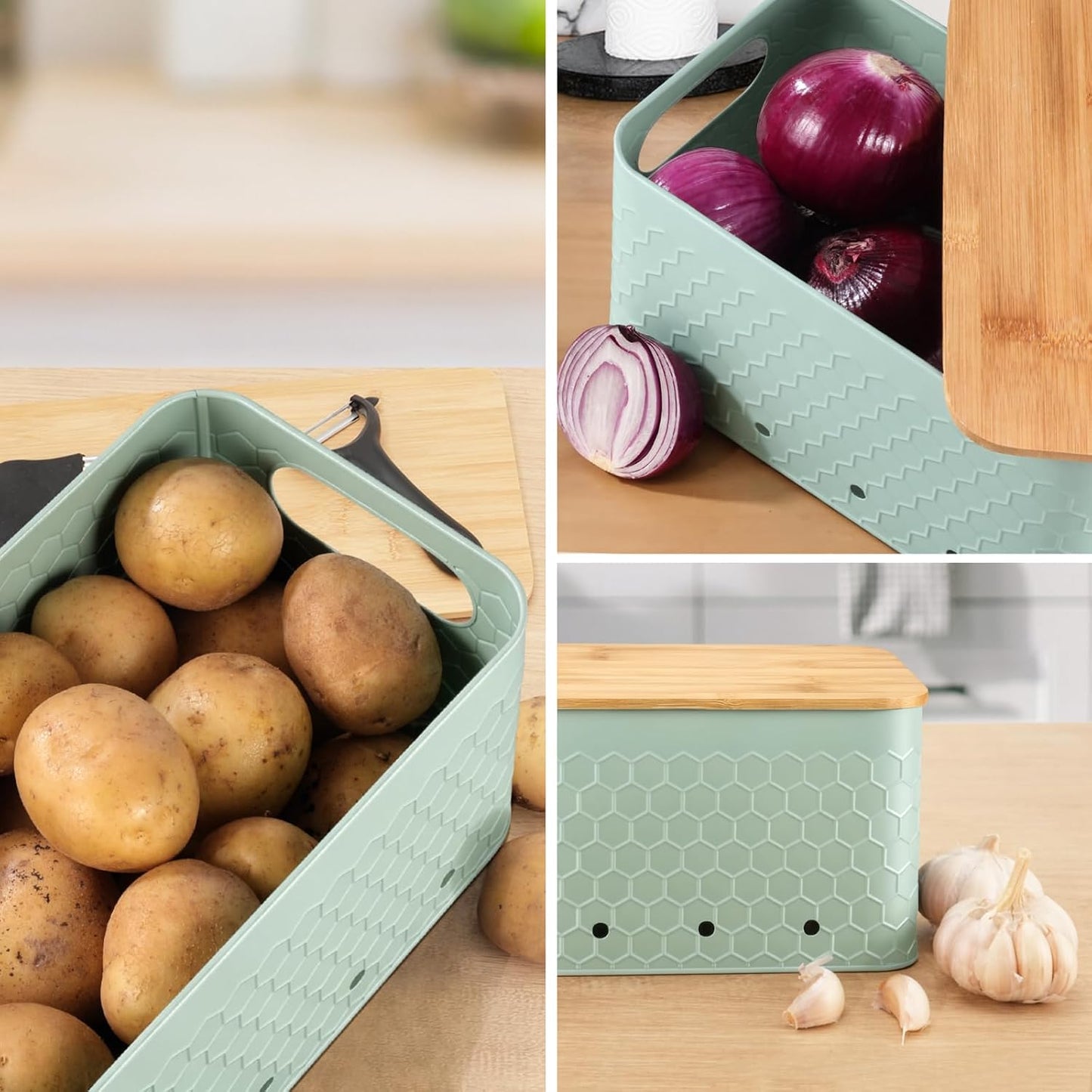 Kitchen Vegetable Storage Set of 3, Metal Onion Garlic Potato Storage Set, Kitchen Canisters Vegetable Keeper Containers with Aerating Holes and Bamboo Lid,Black