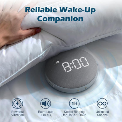 REACHER Super Loud Vibrating Alarm Clock for Heavy Sleepers Adults Teens | strong vibration,cordless freedom, under-pillow bed shaker, rechargeable battery, auto-dim clock, portable for travel