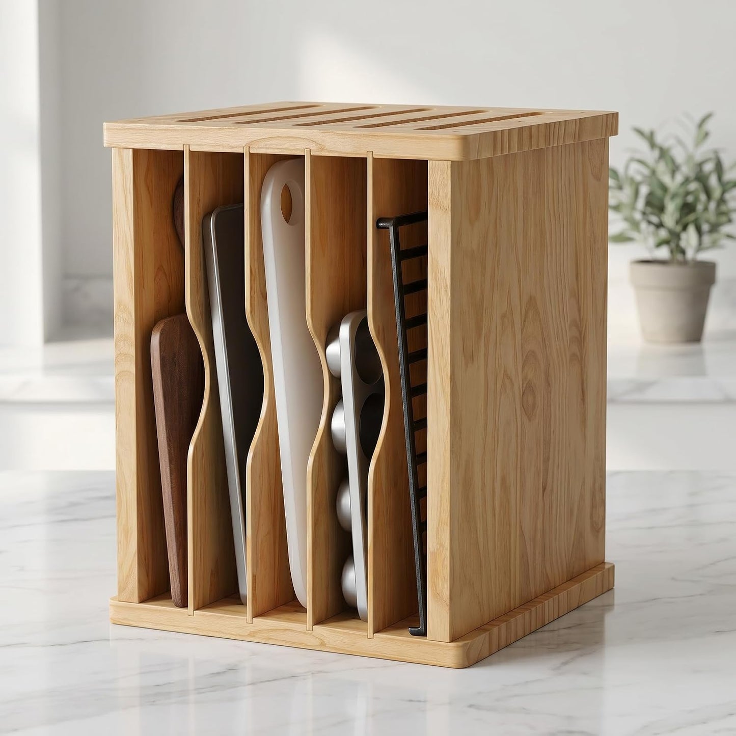 tonchean 6 Tier Wooden Tray Dividers for Cabinets | for pots, Cutting Board, Pans, Kitchen Organizers and Storage, 16.6" W x 13.1" H x 12.4" D