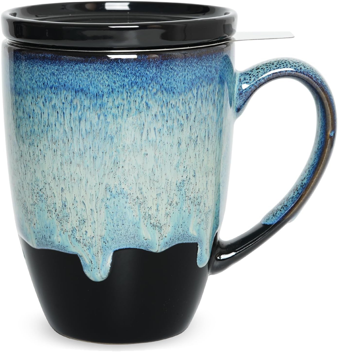 Bosmarlin Ceramic Tea Cup with Infuser and Lid, 13.5 Oz, Loose Leaf Tea Steeper Mug with Strainer, Microwave and Dishwasher Safe, Reactive Glaze (13.5 Oz, Pale Green)