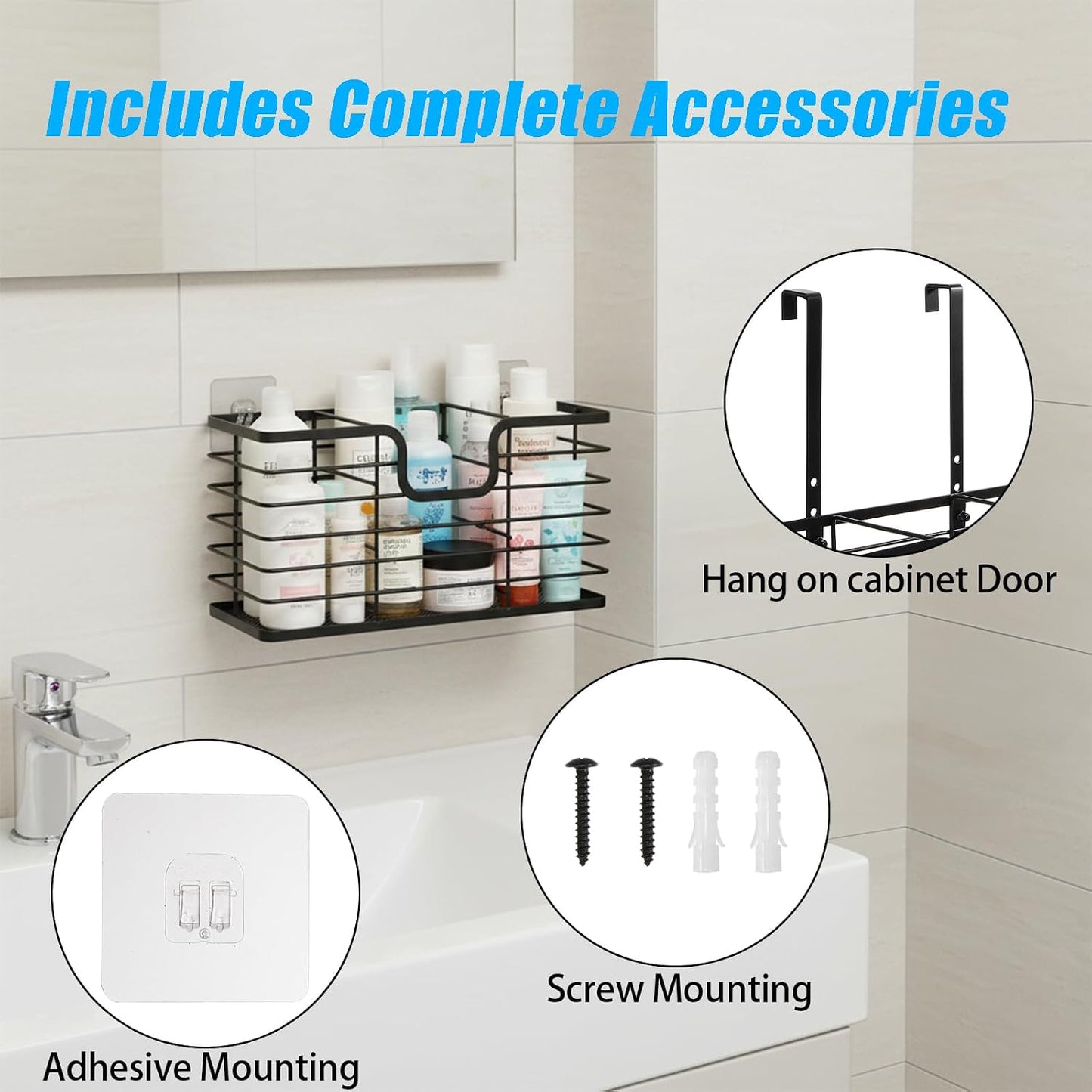 Nicunom Hair Dryer Holder, 3 in 1 Hair Tool Organizer Wall Mounted/Cabinet Door Blow Bathroom Organizer Ajustable Wire Storage Basket for Curling Iron, Flat Iron, Straightener, Styling Tools