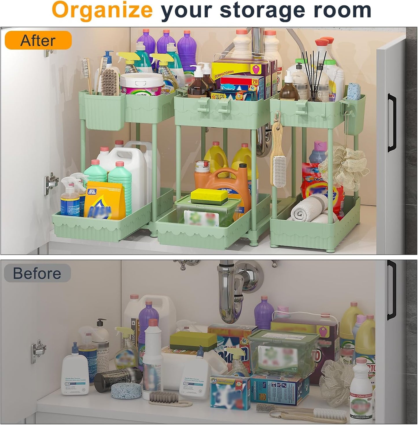 3-Pack 2-Tier Under Sink Organizers with Sliding Drawers | Multi-use kitchen & bathroom storage, 12.8 inch black cabinet organizer, space-saving sliding drawer design.