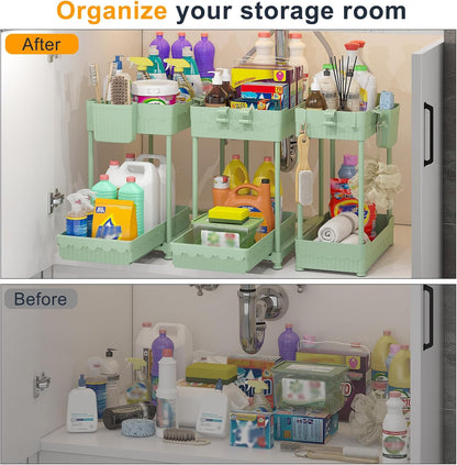 3-Pack 2-Tier Under Sink Organizers with Sliding Drawers | Multi-use kitchen & bathroom storage, 12.8 inch black cabinet organizer, space-saving sliding drawer design.