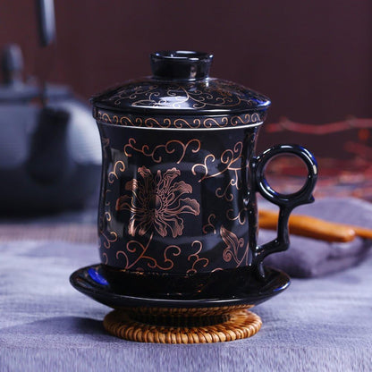 Porcelain Tea Cup with Infuser Lid and Saucer Sets - Chinese Jingdezhen Ceramics Coffee Mug Teacup Loose Leaf Tea Brewing System for Home Office