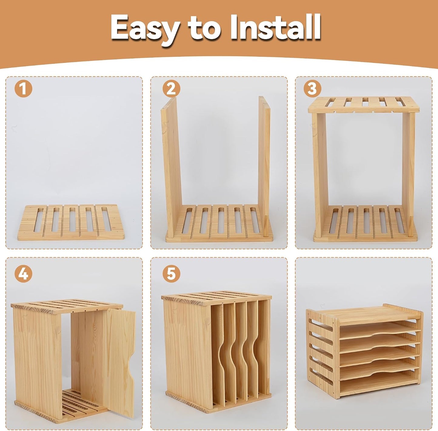 tonchean 6 Tier Wooden Tray Dividers for Cabinets | for pots, Cutting Board, Pans, Kitchen Organizers and Storage, 16.6" W x 13.1" H x 12.4" D