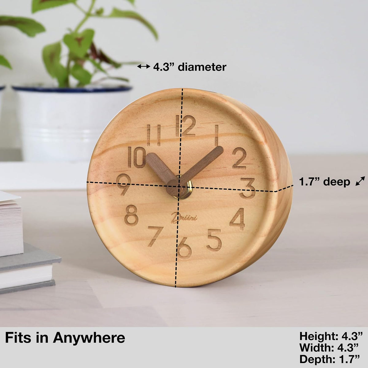 Driini Small, Silent Wooden Analog Desk Clock for Shelf or Table, Dark