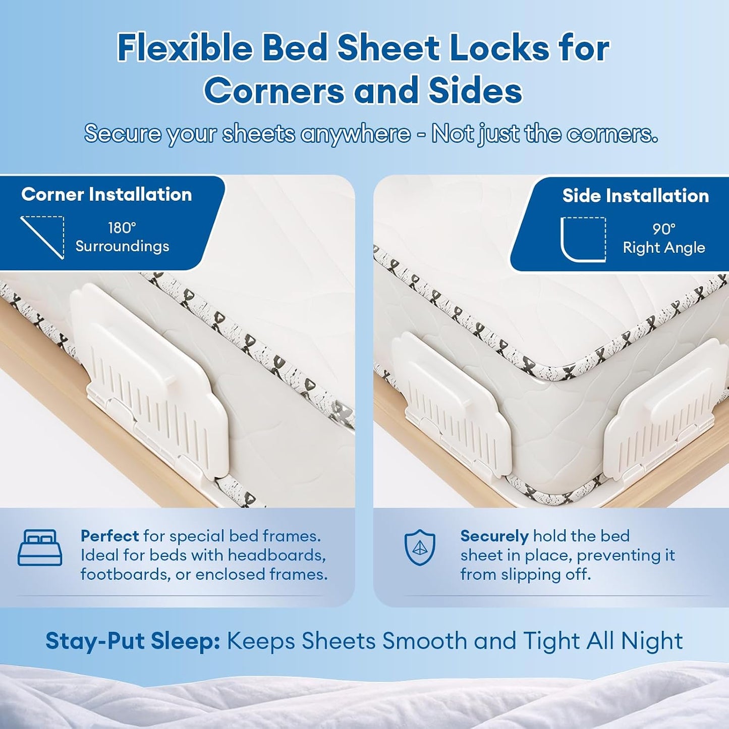 Bed Sheet Holders for Corners & Sides, Fitted Sheet Clips 4 Pairs | For Queen, King, Twin And Full Beds; Easy Install Clips for Fitted Sheets, Deep Pockets, Toppers and Adjustable Beds