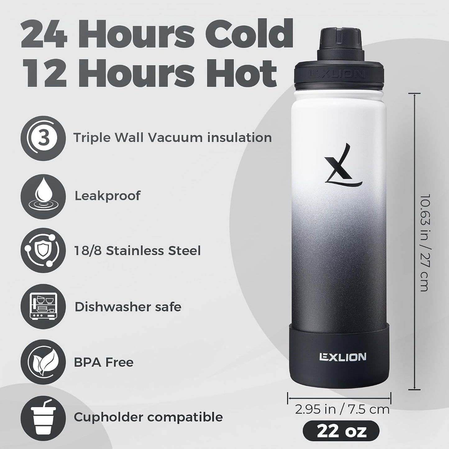 Lexlion Tea Infuser Water Bottle 22 Oz – Triple Wall Insulated Stainless Steel, Loose Leaf & Fruit Strainer, 3 Leakproof Lids, BPA-Free Silicone Sleeve, Reusable Thermal Mug