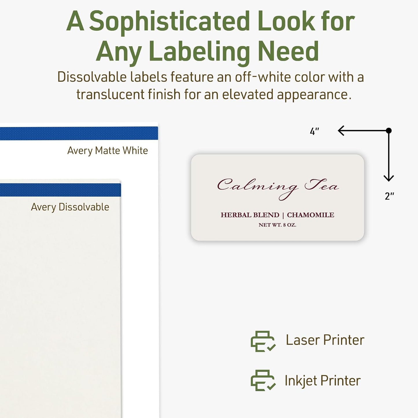 Avery Dissolvable Rectangle Labels, Sure Feed Technology, 2" x 4", Matte White, Laser/Inkjet Printable, 100 Labels Total, Freezer-Safe, Microwave-Safe, Refrigerator-Safe