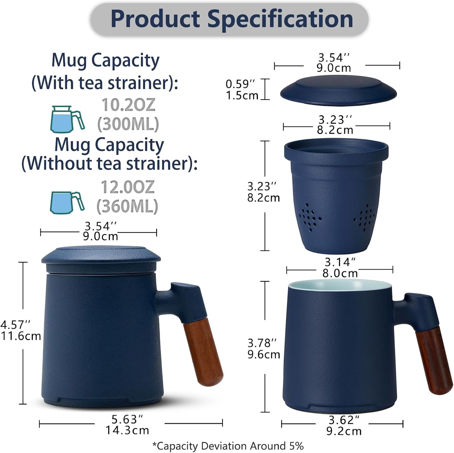 ZENS Tea Mug with Infuser and Lid for Loose Leaf Tea Steeper, 16.9oz Moss | Embossed Ceramic Tea Cup with Infuser for Herbal Tea Difussers, Tea Lovers Gifts, Nature Wood Handle