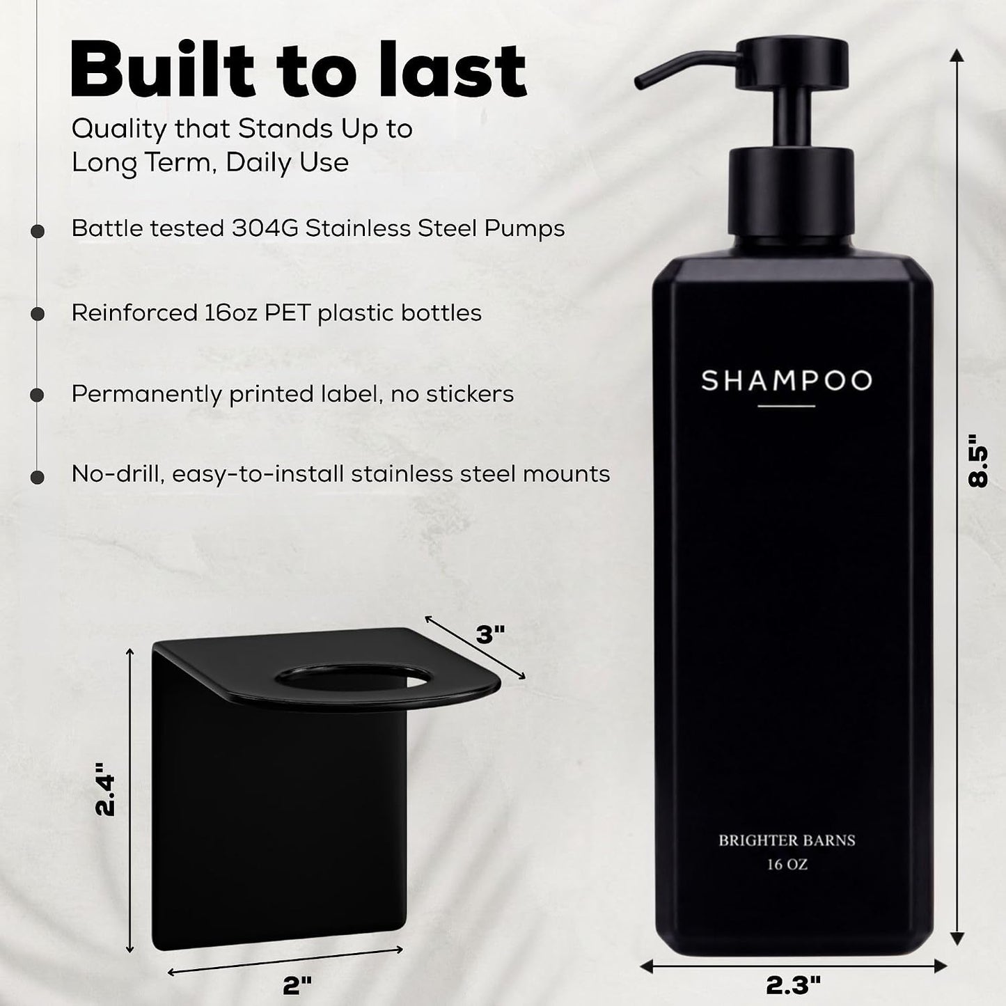 Luxury Shampoo and Conditioner Dispenser Set Wall Mounted by Brighter Barns - Refillable Shower Dispenser with Stainless Steel Pumps - Shampoo Bottles 3 Chamber No Drill for Airbnb, Spa, Hotel (White)