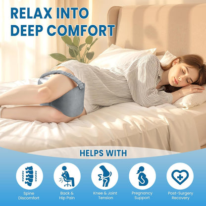 Knee Pillow for Side Sleepers with Strap, Supportive Memory Foam Leg Pillow for Side Sleeping & Spine Support, Ergonomic Curved Design for Hips and Back, Light Grey