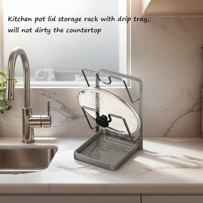 Kitchen Pot Lid Storage Rack, Pot Lid Holder While Cooking for Countertop | Stainless Steel Pot Lid Rack, Kitchen Countertop Organizer Removable Drip Tray, Lid Cutting Board Ladle Storage for Stove Top
