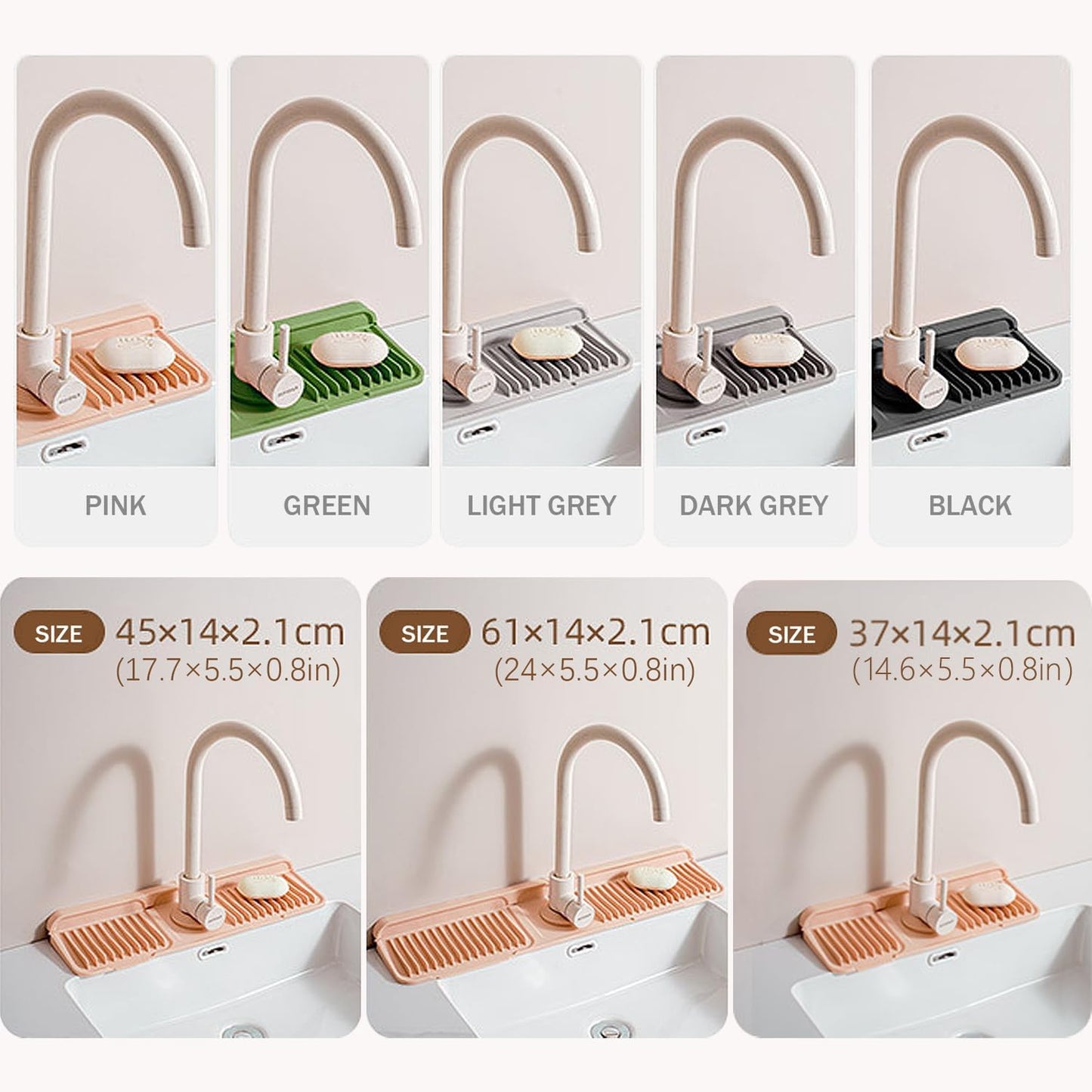 23" Extra Long Silicone Faucet Handle Drip Catcher Tray,7° Sloped Self Draining Mat with Snap-on Design & Soap Holder, Trim-to-Fit Opening,Sink Splash Guard for Kitchen & Bathroom(Green)