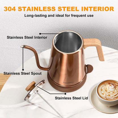Nueve&Five Electric Gooseneck Kettle with Thermometer, 1.0L Pour Over Hot Water Kettle for Coffee and Tea, 1000W, Auto Shutoff, Boil-Dry Protection, Matte Black