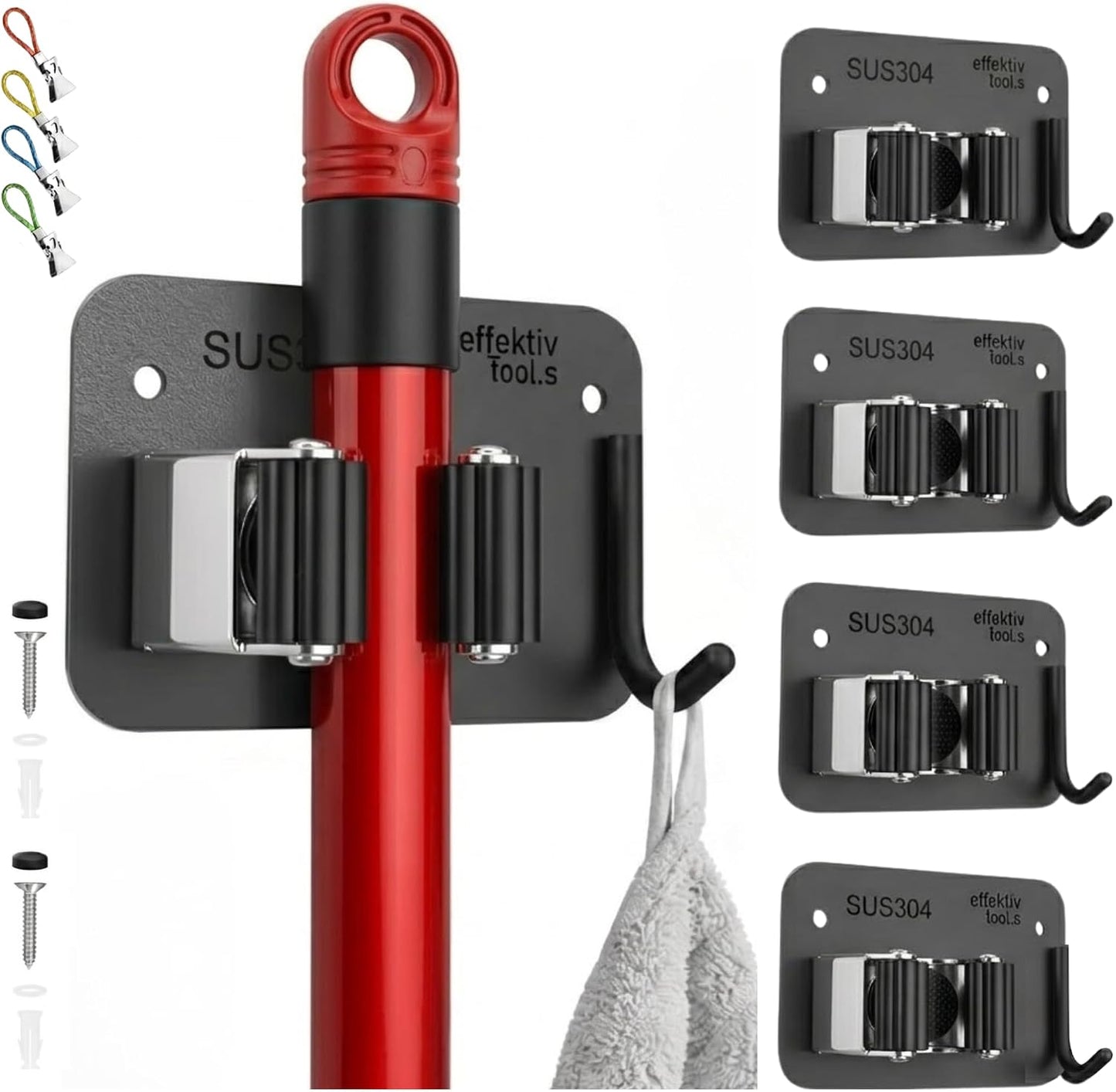 Wall Mount Hanger for Brooms & Mops - Adhesive Stainless Steel Mops & Broom Holder, 4 Clamps, 3 Hooks, & 5 Towel Hanger Clips Including Mounting Hardware for Utility Room Organization