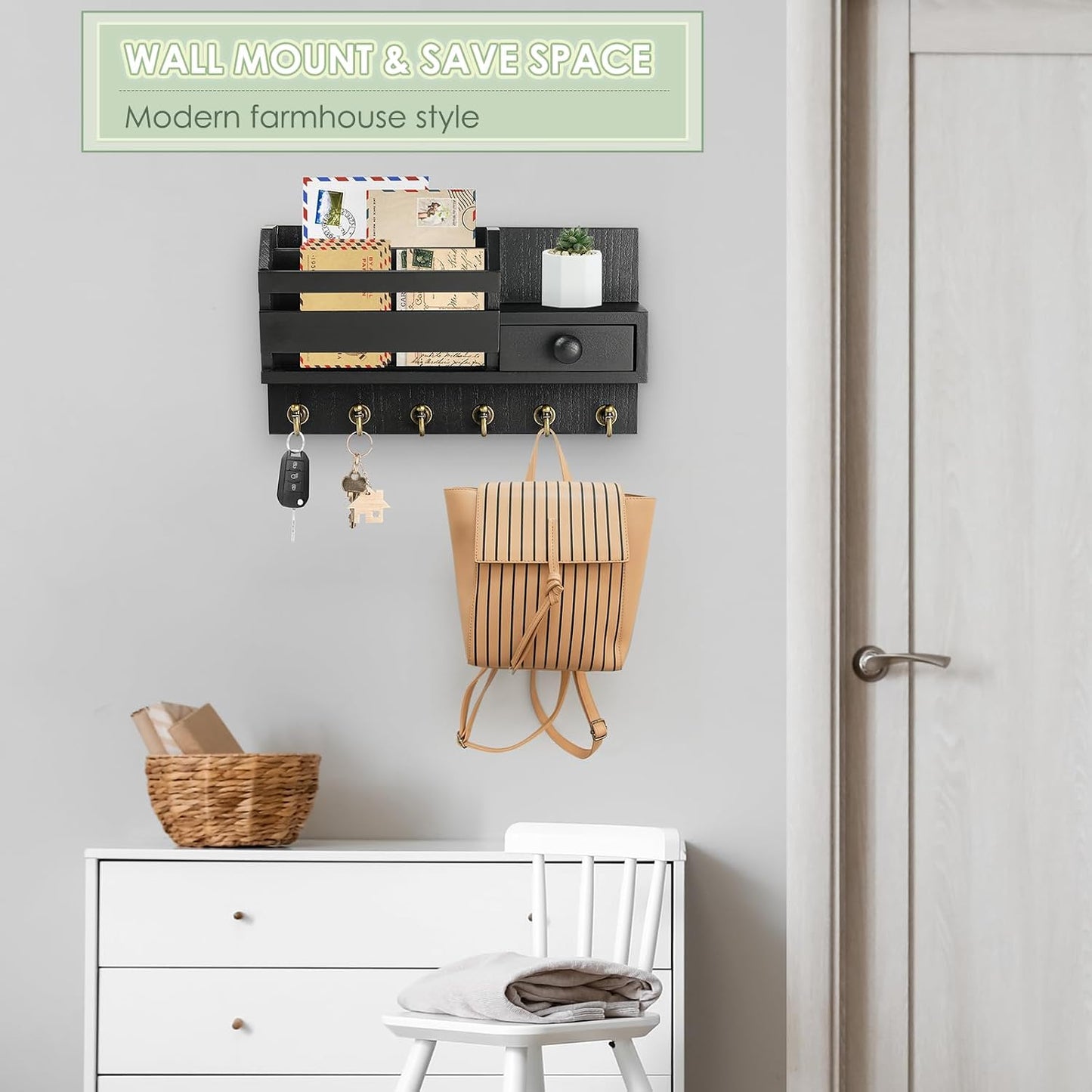 VIS'V Key Holder Wall Mount, Wooden Mail and Key Organizer, White | Contains Little Drawer, Small Shelf, 2 Slots, 6 Hooks, for Entryway, Hallway, Doorway, Kitchen, Garage, RV