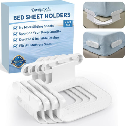 Bed Sheet Holders for Corners Heavy Duty Fitted Sheet Holder with Locking Fasteners, Sheet Straps to Keep Sheets Tight Anti-Slip Mattress Sheet Clips for Twin Full Queen & King Size Beds (White)
