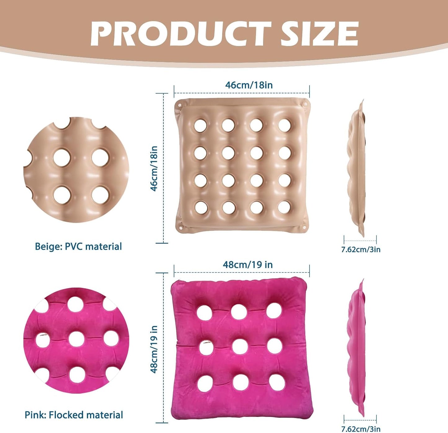 2-Pack Inflatable Waffle Cushion for Pressure Relief, Wheelchair Cushion for Pressure Redistribution, Portable Air Seat Cushions for Office Chair Car Seat, Breathable Seat Pad, Includes 1 Air Pumps