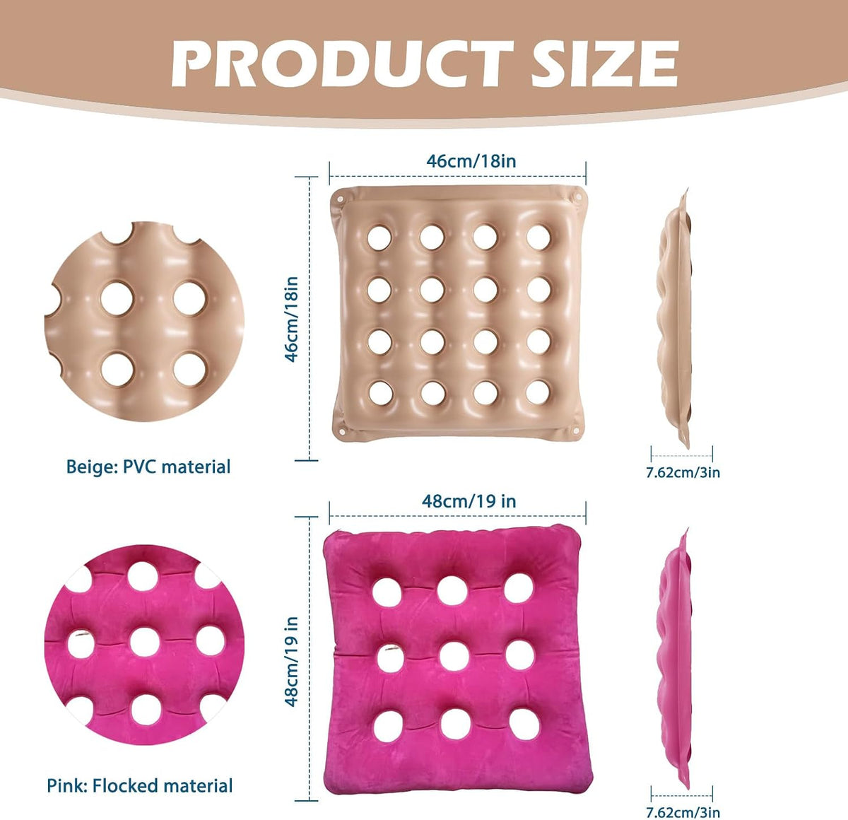 2-Pack Inflatable Waffle Cushion for Pressure Relief, Wheelchair Cushion for Pressure Redistribution, Portable Air Seat Cushions for Office Chair Car Seat, Breathable Seat Pad, Includes 1 Air Pumps
