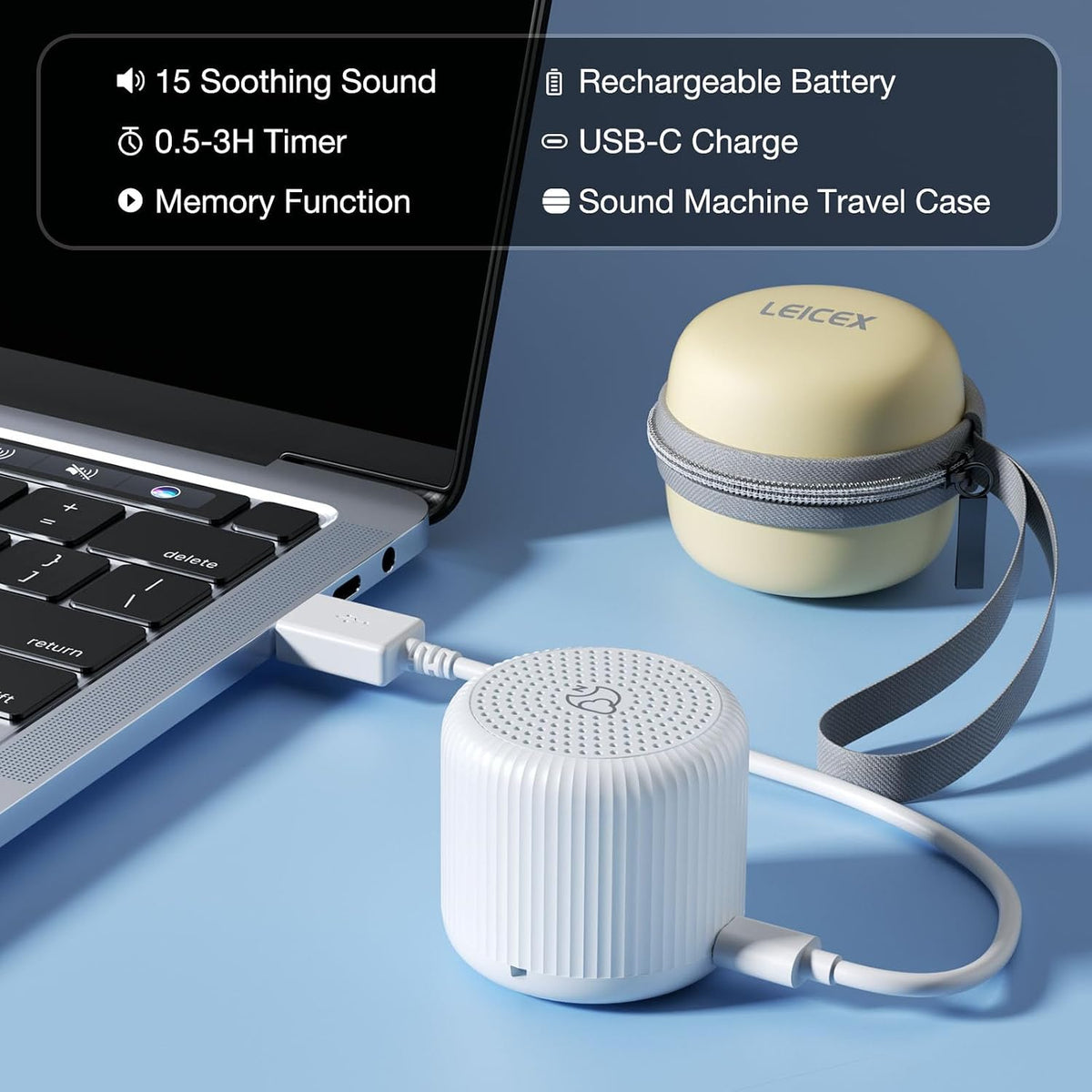 Portable Sound Machine for Baby Adults,LEICEX Travel Sound Machine,15 Non-Looping Sound Timer and Memory Play, Mini White Noise Machine for Sleeping Office Privacy Travel Gift