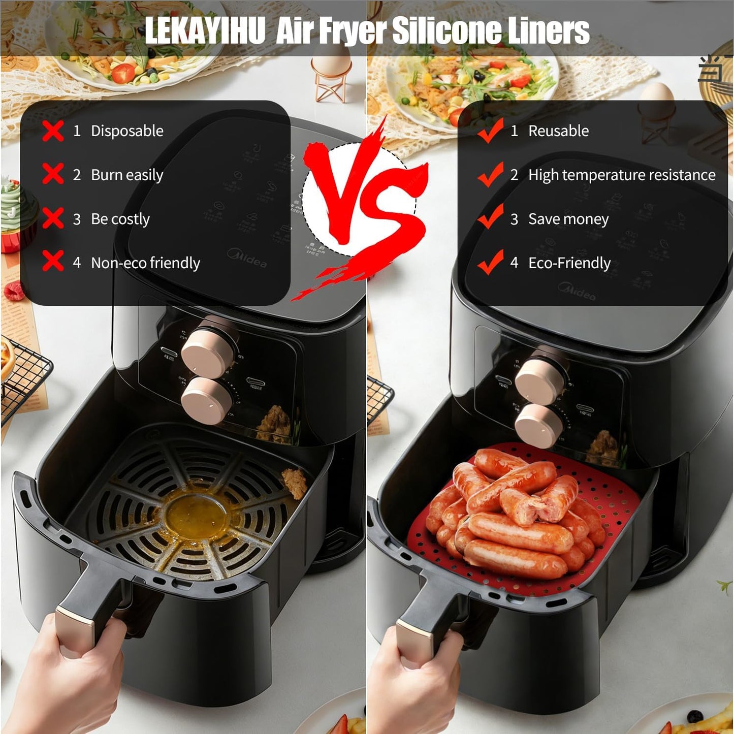 3 Pack 8.5" Reusable Square Silicone Air Fryer Liners Non-Stick, Easy-Clean Accessories Sheet Perfect for Quick Meals (Red&grey&black)
