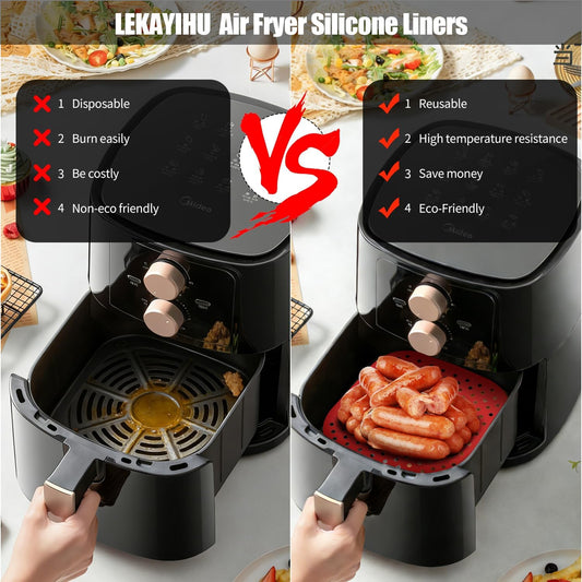 3 Pack 8.5" Reusable Square Silicone Air Fryer Liners Non-Stick, Easy-Clean Accessories Sheet Perfect for Quick Meals (Red&grey&black)