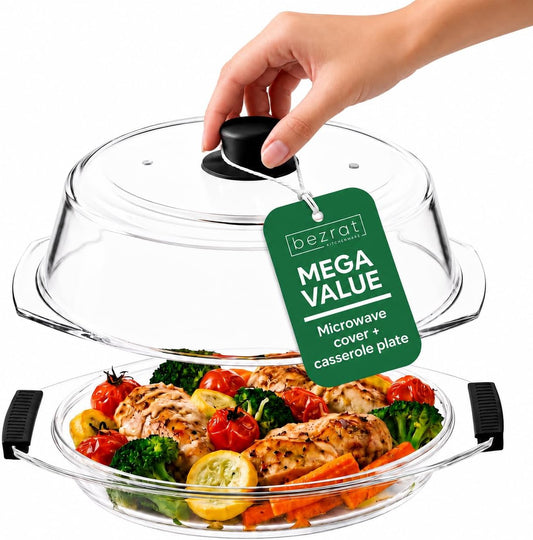 Bezrat 2in1 Glass Microwave Plate and Cover/Splatter Guard Lid, with Easy Grip silicone handle, 100% Food Grade, BPA Free and Dishwasher safe (Black)