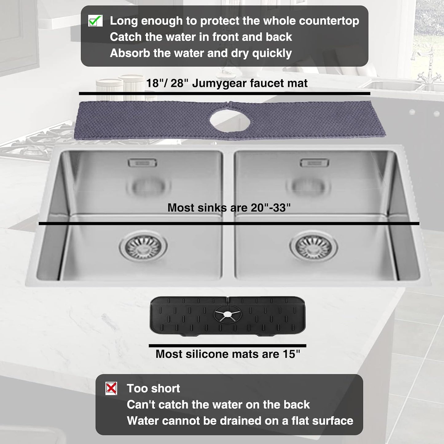 28'' Extended Kitchen Sink Faucet Absorbent Mat, Fabric | Sink Splash Mat|Faucet Drip Catcher|Sink Water Drying Mat