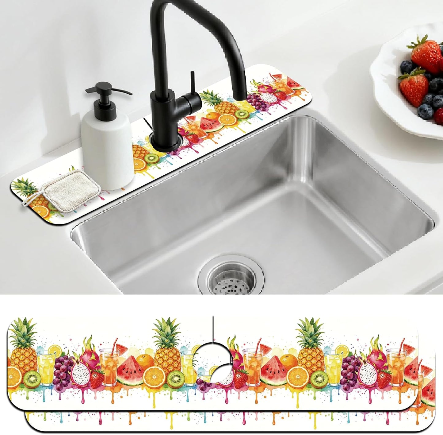 2Pcs Peonies Kitchen Sink Splash Guard Faucet Mat Vintage Florals Faucet Mat For Bathroom Kitchen 5.5x23.6In