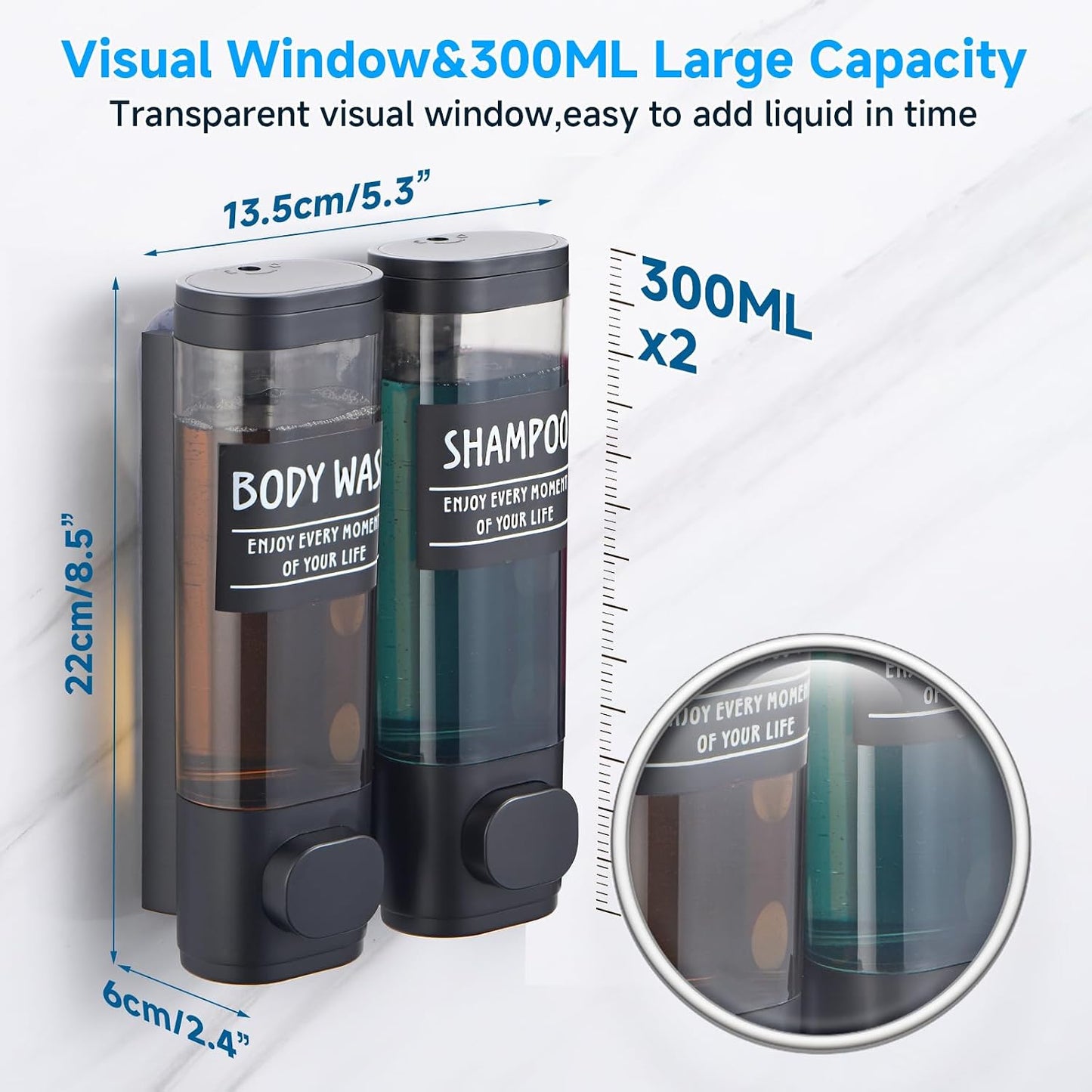 Shampoo and Conditioner Dispenser,GlintGath Shower Dispenser 2 Chamber No Drill Shampoo Dispenser for Shower Wall Mounted Shower Soap Dispenser for Bathroom Hotel,2 * 300ML,Matte Black