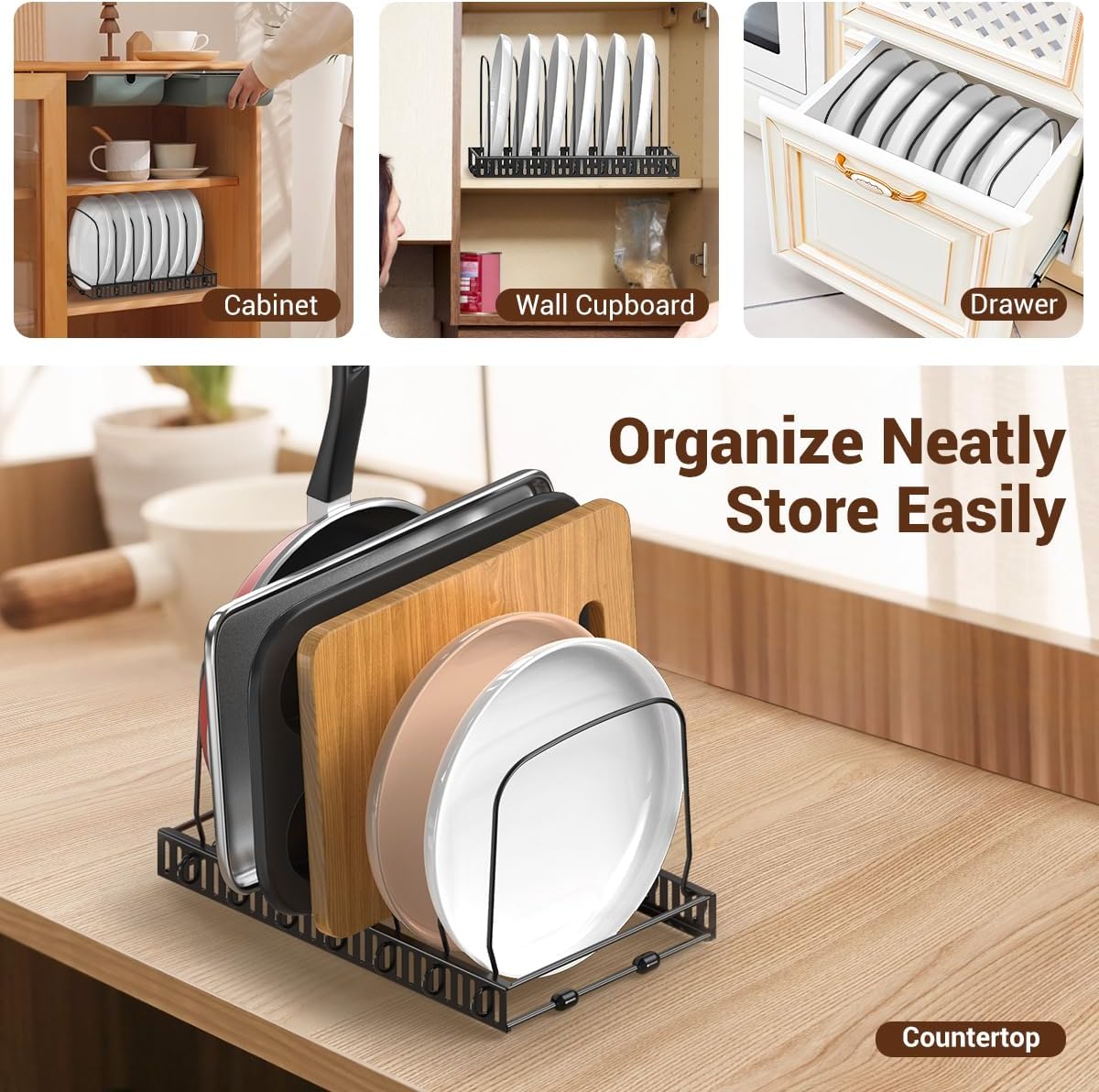 Housolution Cutting Board and Baking Tray Cookie Sheet Organizer, Black | 12"-23" Expandable, 14 Adjustable Dividers, Sturdy Metal Construction, Easy Assembly