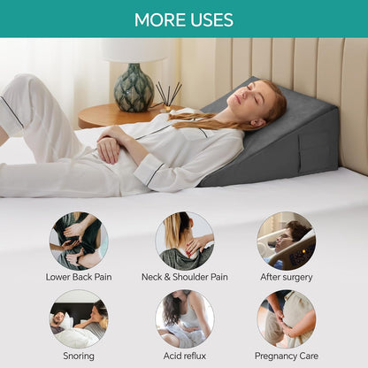 Bedluxe Wedge Pillow, 10 inch Bed Wedge Pillow for Headboard, Pillow Wedge for Acid Reflux Relief, Sleeping, Back Pain Relief, Snoring, Triangle Pillow Wedge, White/Grey