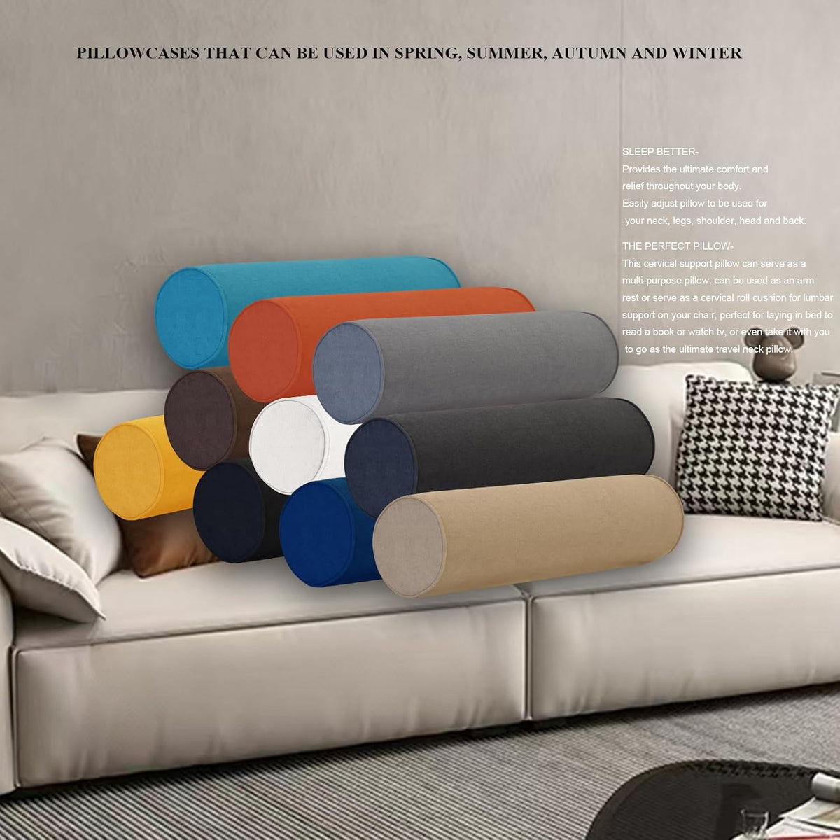 Cylinder Round Memory Foam Support Pillows Cervical Neck Roll Pillow with Pillowcase Soft, Comfortable and Breathable for Sleeping, Chair, Car, Sofa，Travel (Navy Blue, 24X6)