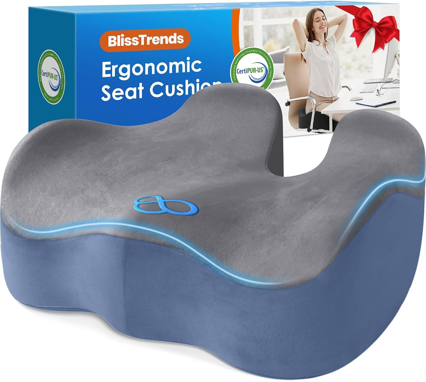 BlissTrends Memory Foam Seat Cushion for Office Chair & Car Seat, Black | 4.7in Ergonomic Tailbone & Sciatica Support with Removable Velvet Cover for Pressure Relief and Long Sitting Comfort