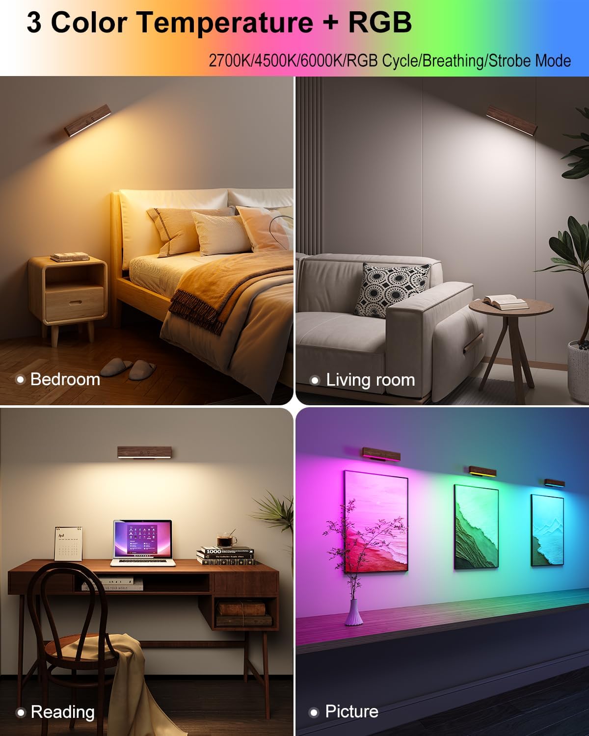 Rechargeable Wood Wall Lights with Remote & Touch, 5200mAh Battery Operated Wall Sconce 3 Color Temperatures & RGB. Magnetic, Stick-On, Dimmable Wall Reading Lamp for Bedroom, Living Room, Picture