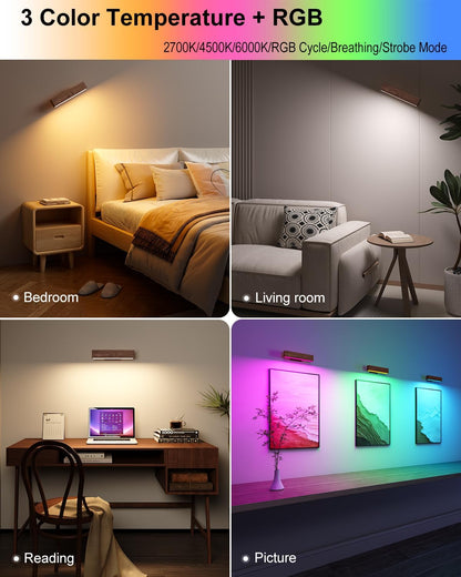 Rechargeable Wood Wall Lights with Remote & Touch, 5200mAh Battery Operated Wall Sconce 3 Color Temperatures & RGB. Magnetic, Stick-On, Dimmable Wall Reading Lamp for Bedroom, Living Room, Picture