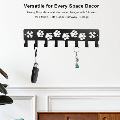 Key Holder Wall Mount & Dog Leash Holder for Wall, Metal Key Rack with 8 Hooks for Entryway/Hallway/Kitchen Decor, Dog Paws Design Wall Organizer 11.8×2.6 Inch with Screw Anchors (Black-Paws)