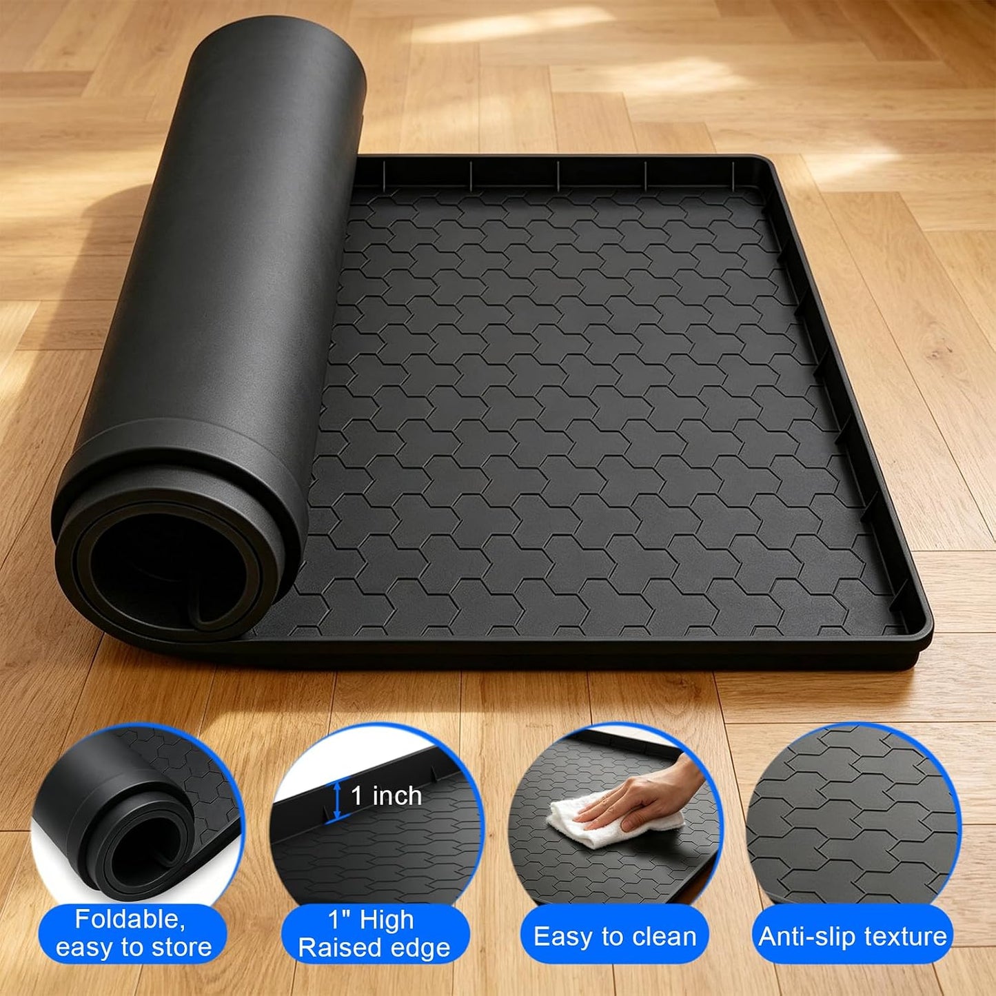 Silicone Washing Machine Drain Pan, 32"x 30" Raised Edge Drip Tray | Thickened silicone; Anti-slip & anti-vibration; Soft & foldable; Protect floors & laundry rooms; Fits most washer or dryer