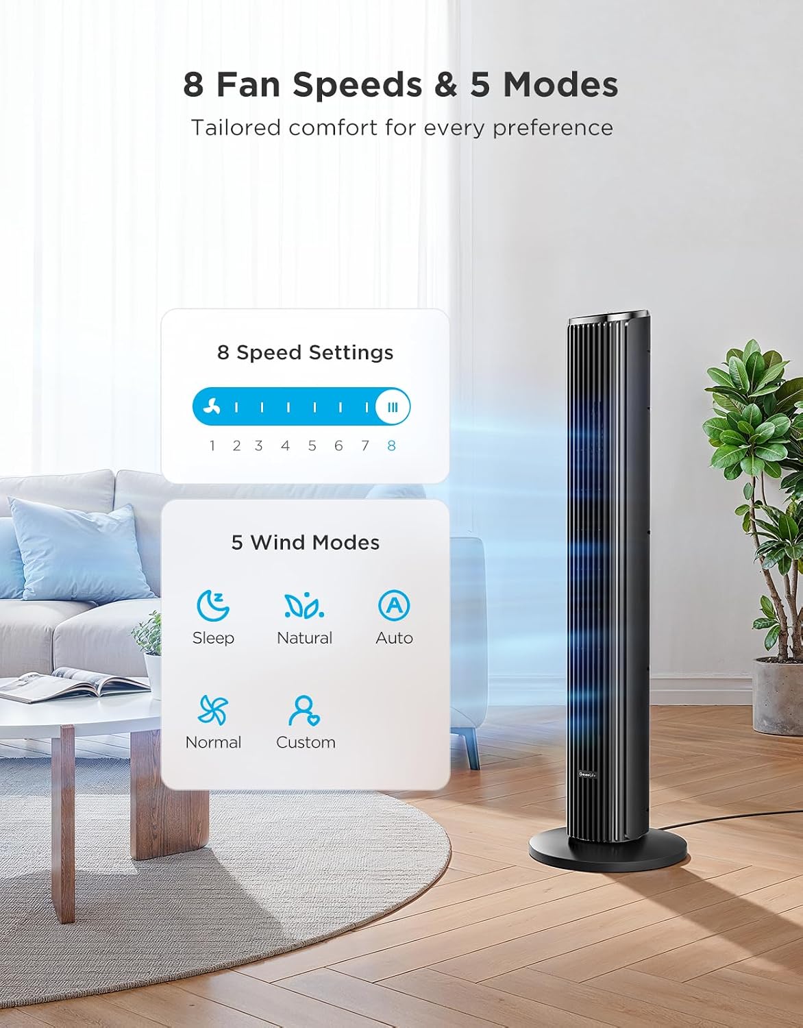 GoveeLife 36 in. Black Tower Fan for Bedroom, 5 Modes 8 Speeds up to 25ft/s | Smart Floor Fan with App/Voice Control, Temp Sensor, 29dB Bladeless Oscillating Fan for Office, 24H Timer, Auto Cooling