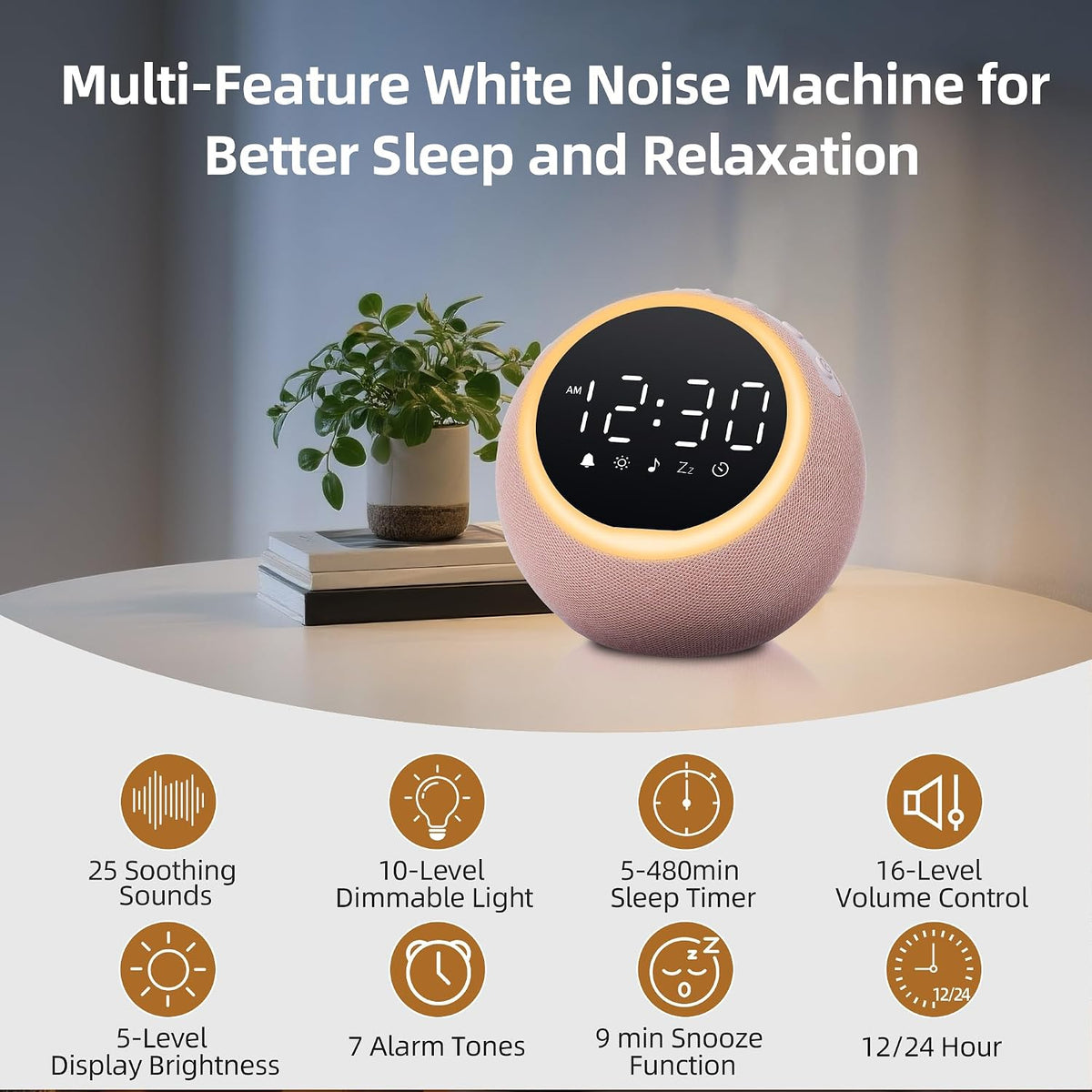 Smart Alarm Clock with White Noise & Night Light for Bedrooms