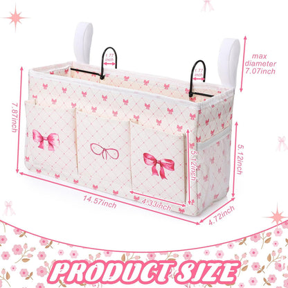Pink Bow Bedside Caddy, Cute Bow Bedside Organizer, Pink Coquette Aesthetic Hanging Storage Caddy Bag with Fixed Strap and Water Bottle Holder for Home, College, Dorm, Bunk, Hospital, Bed Rail