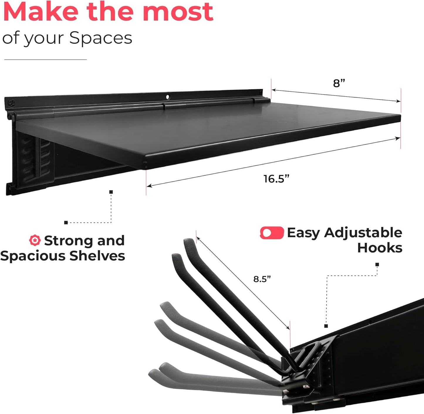 Garage Tool Organizer Wall Mount, 64", 4 Racks 8 Hooks, 400 lbs | 400 lbs, anti-rust carbon steel, garden tool organizer & storage rack for garage organization, shovels, rakes & tools