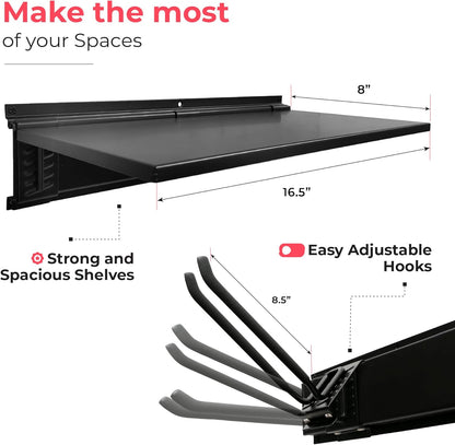 Garage Tool Organizer Wall Mount, 64", 4 Racks 8 Hooks, 400 lbs | 400 lbs, anti-rust carbon steel, garden tool organizer & storage rack for garage organization, shovels, rakes & tools