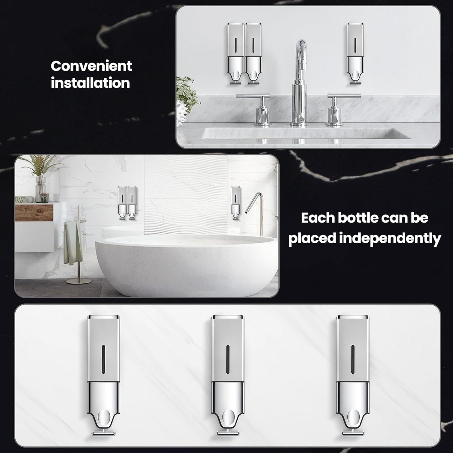 EHORIA Shampoo and Conditioner Dispenser, Shower Soap Dispenser | Shower Dispenser 3 Chamber No Drill, Wall Mounted Refillable Bottles, Shower Accessories for Bathroom, RV&Hotel,18.6oz 3 in 1