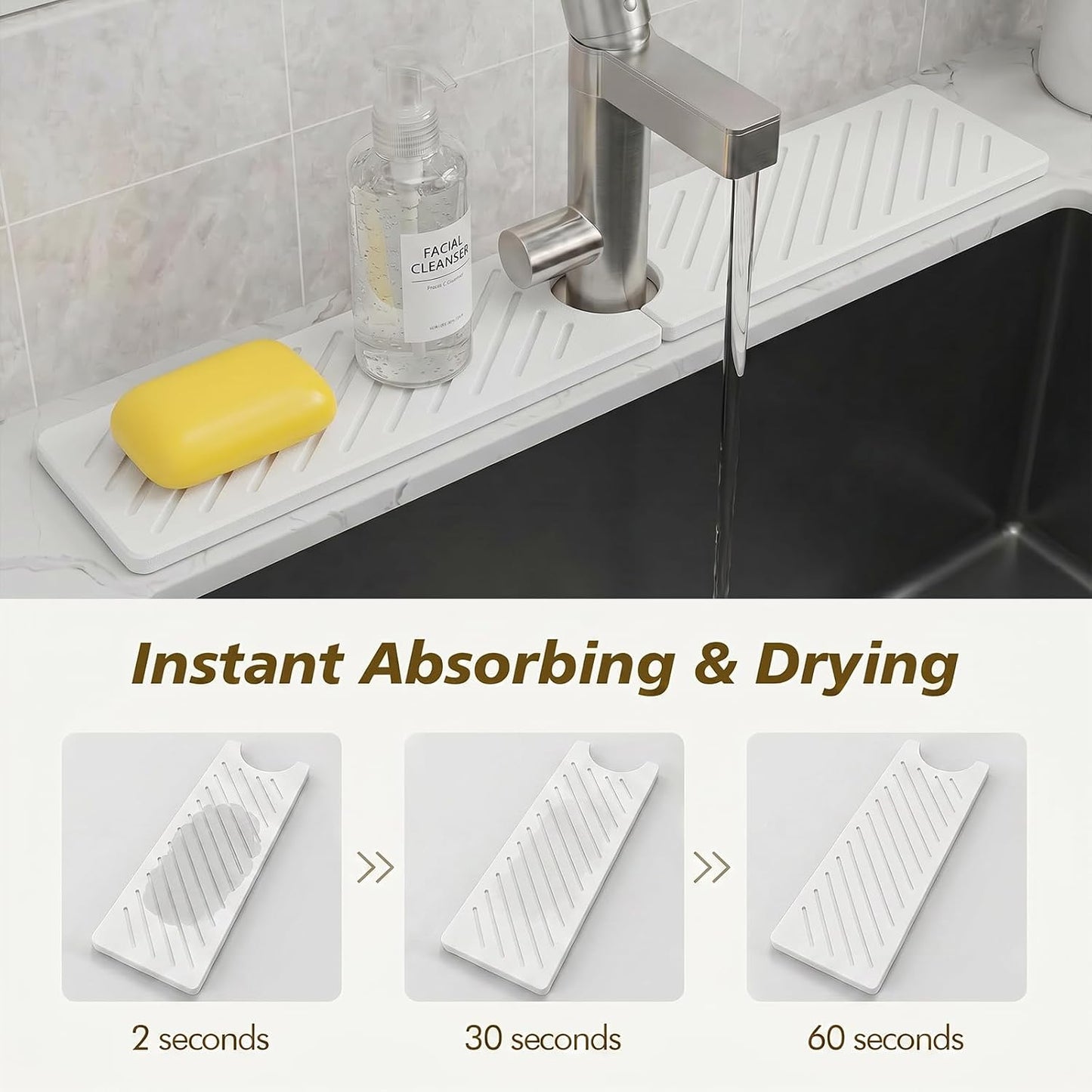 Stone Faucet Mat for Kitchen Sink,Absorbent Drying Mat(Dark Gray,23.6"×3.9" | Fast Drying Sink Splash Guard & Water Tray for Bathroom Counter,Quick Dry Sink Protector Kitchen Accessories