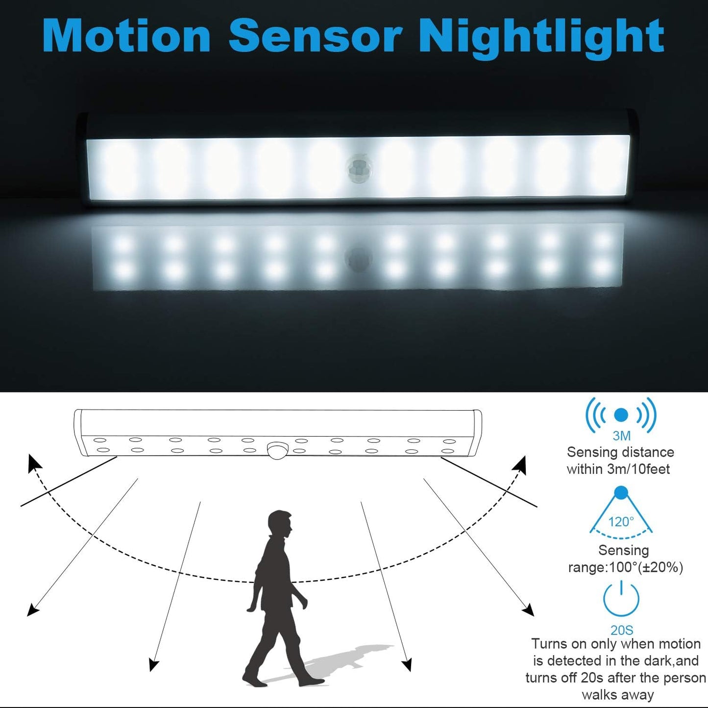 Wireless Motion Sensor Cabinet Lights 10-LED USB Rechargeable Closet Lights LED Under Cabinet Lighting for Wardrobe/Drawer/Stairs/Cupboard/Counter/Pantry/Stairs,Stick On Anywhere,2 Pack,White Light